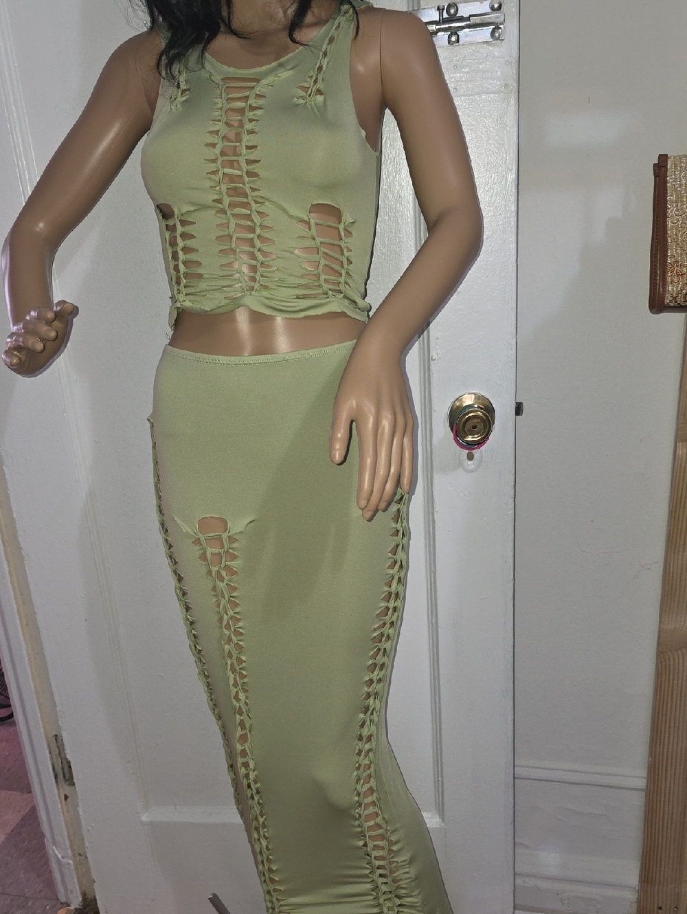 SHEIN Olive Green Lace-Up Side Cut Maxi Skirt 2 Piece Set